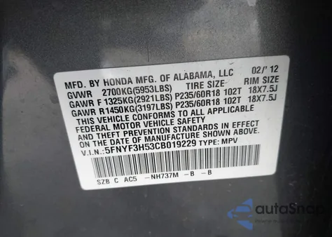 2012 Honda Pilot Ex-L from USA, damaged, VIN 5FNYF3H53CB019229